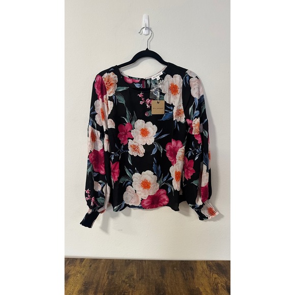 Blu Pepper Tops - Blu Pepper Women Black Floral Balloon Sleeve Smocked Cuff Blouse Large NWT